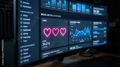 Modern digital analytics dashboard displaying social media metrics and performance graphs on a computer monitor