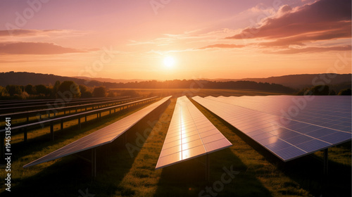 Solar panel farm at sunset, renewable energy landscape