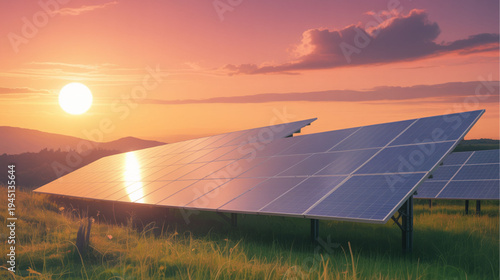 Solar panels in a green field at sunset