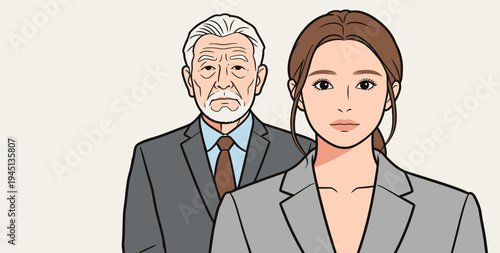 A young woman and an older man are in a formal setting. They both appear serious and engaged in a conversation.