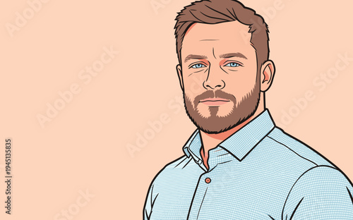 A man stands facing the viewer with a slight smile. He has a beard and wears a button-up shirt. The background is plain and solid.