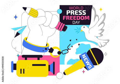 World Press Freedom Day Vector Illustration With Journalism Media, Microphone, Camera, Newspaper, And Free Speech Communication Background