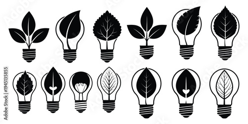 Light bulb icon set with leaf for green energy and eco idea