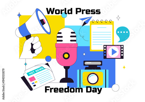 World Press Freedom Day Vector Illustration With Journalism Media, Microphone, Camera, Newspaper, And Free Speech Communication Background