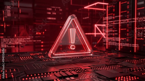 Red warning sign on circuit board with glowing red lights indicating error or problem in computer hardware or software system