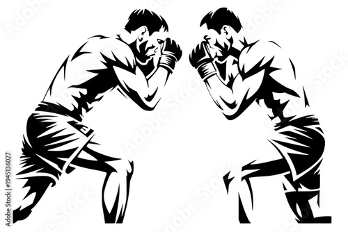 black vector illustration of two boxers or MMA fighters in a defensive stance, facing each other head-to-head.  muscular definition and hand wraps, capturing a moment of intense focus and anticipation
