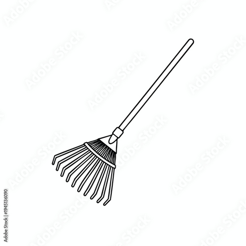 A simple black and white illustration of a leaf rake with many tines