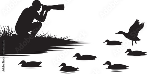 Man photographing ducks in water with binoculars photographer