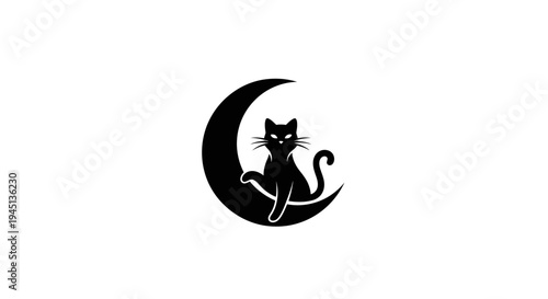 Black Cat Silhouette on Crescent Moon - Minimalist Feline and Lunar Graphic