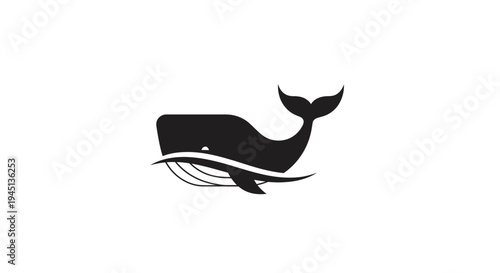 Black whale silhouette swimming in ocean waves, minimalist marine animal logo design