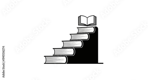 Books stacked as a staircase with an open book, symbolizing education and knowledge progress