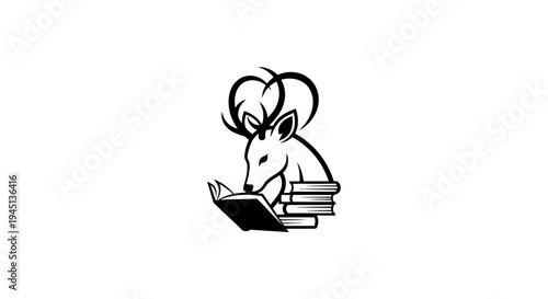 Deer reading a book with a stack of books, symbolizing knowledge and education