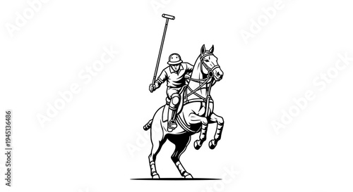 Dynamic Polo Player on Rearing Horse with Mallet - Equestrian Sport Illustration