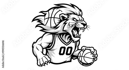 Fierce Lion Basketball Mascot Dribbling Ball Monochrome Illustration