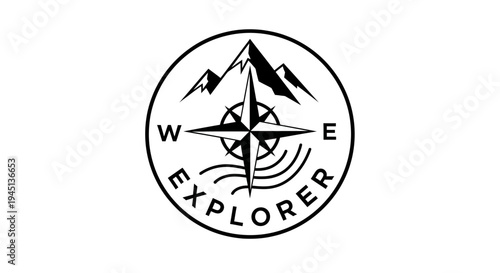 Explorer Adventure Logo with Compass and Mountains for Outdoor Travel and Navigation