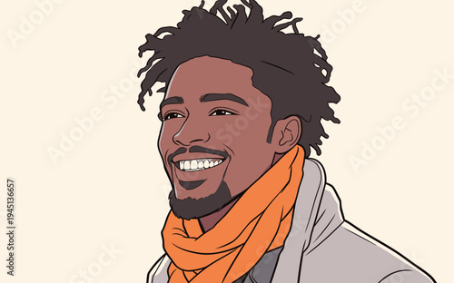 A man stands smiling, wearing an orange scarf and a light jacket. The background is plain and light-colored with no distractions.