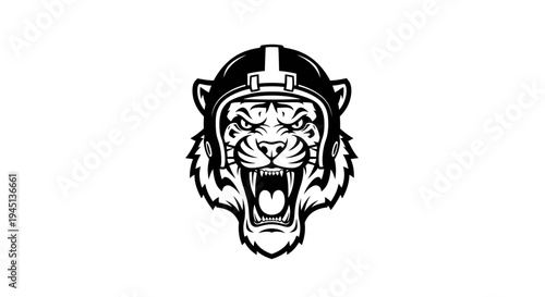 Fierce tiger head mascot in football helmet roaring, black and white sports team logo illustration