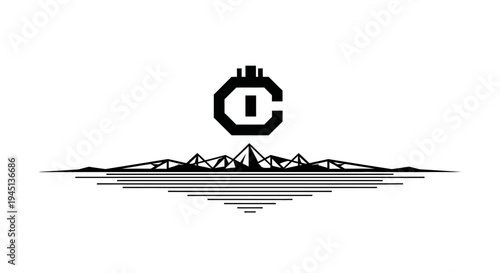 Geometric mountain landscape logo with abstract polygonal emblem in black and white