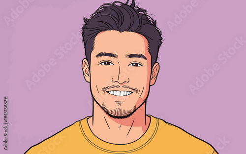 A man with black hair smiles while wearing a yellow shirt. The background is simple and pink, creating a cheerful look.