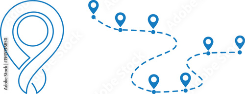 A blue map pin icon with a winding path and multiple location markers in a silhouette style on a white background