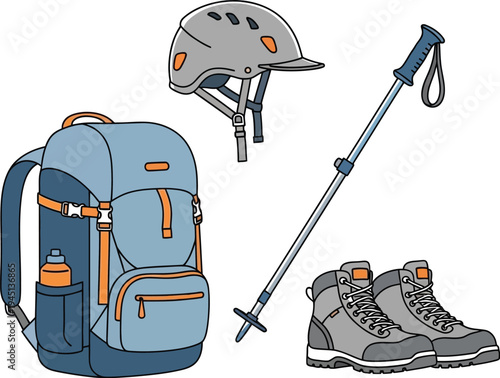 Essential hiking and outdoor adventure equipment featuring a backpack, helmet, trekking pole, and sturdy boots, ready for any wilderness exploration.