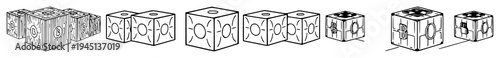 Blockchain data cubes set with abstract line art design featuring secure ledger, network elements, cryptocurrency with digital transactions and geometric shapes