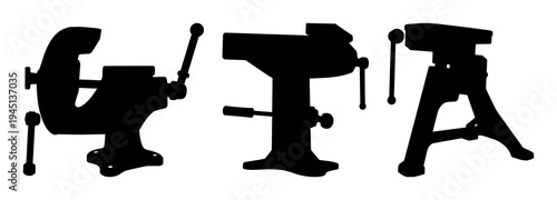 Blacksmith leg vise set with solid black silhouette design featuring industrial tool, metal crafting, blacksmithing with white background and sharp edges