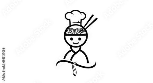 Minimalist Ramen Chef Character with Chopsticks and Noodles Icon