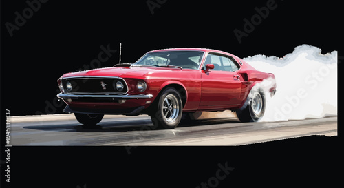 Powerful classic red Ford Mustang Mach 1 performing a dramatic burnout at the starting line of a drag strip