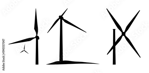 Wind turbine set with a solid black silhouette on a white background featuring vertical axis, renewable energy, geometric lines with icon and vector