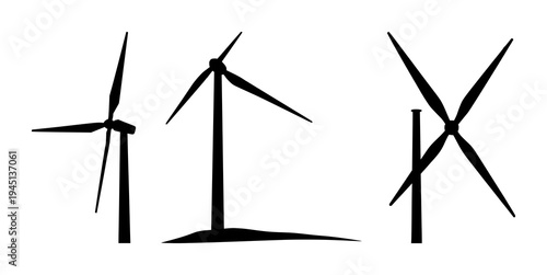 Wind turbine set with a solid black silhouette on a white background featuring vertical axis, renewable energy, geometric lines with icon and vector