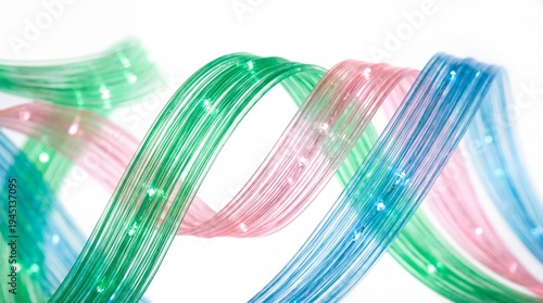 Colorful fiber optic cables in green, pink and blue