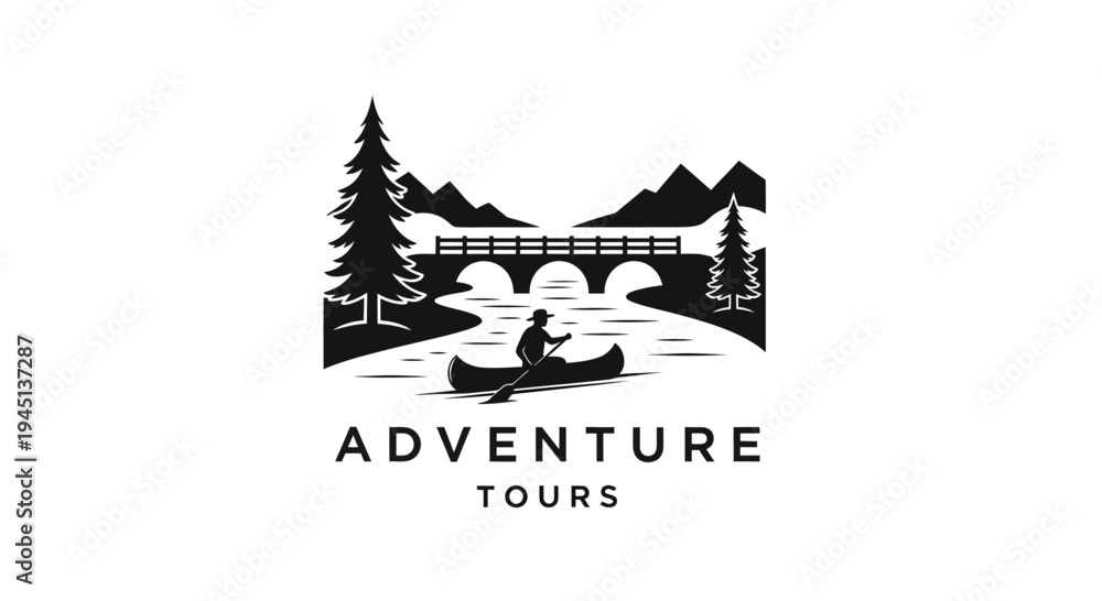 custom made wallpaper toronto digitalOutdoor Adventure Tours Logo: Canoeing on River with Mountain and Forest Landscape