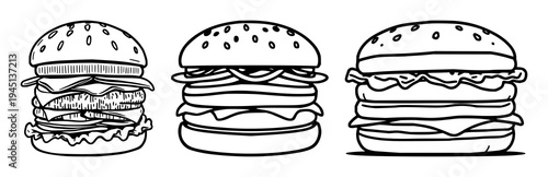 Protein-based meat alternative burger icon set with flat vector design on white background featuring bold borders, sustainable food theme, vegan steak with plant protein and clean lines