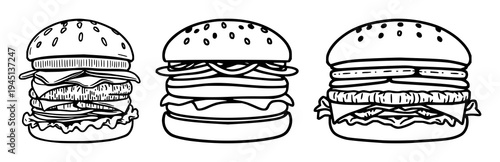 Protein-based meat alternative burger icon set with flat vector design on white background featuring bold borders, sustainable food theme, vegan steak with plant protein and clean lines