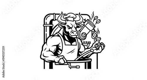Muscular bull chef roasting coffee beans in vintage industrial machine illustration