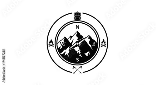 Outdoor Adventure Emblem with Mountain Peaks, Compass, and Camping Gear