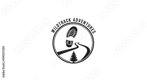 Outdoor adventure logo with hiking boot print, winding path, and pine tree in a circular design