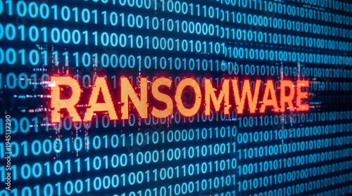 Ransomware attack warning with binary code background display