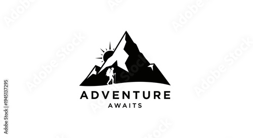 Outdoor Adventure Mountain Logo with Hiker Silhouette and Rising Sun