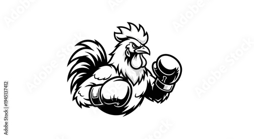 Rooster Boxing Mascot Black and White Illustration