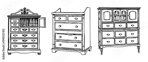 Apothecary cabinet set with detailed woodcut style illustration of a Victorian cabinet with multiple drawers featuring medicinal, glass, leather with white background and icon
