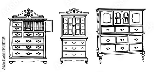Apothecary cabinet set with detailed woodcut style illustration of a Victorian cabinet with multiple drawers featuring medicinal, glass, leather with white background and icon