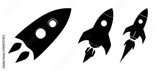 Rocket ship set with minimalist black silhouette featuring circular porthole, engine blast lines with upward diagonal launch and flat graphic style