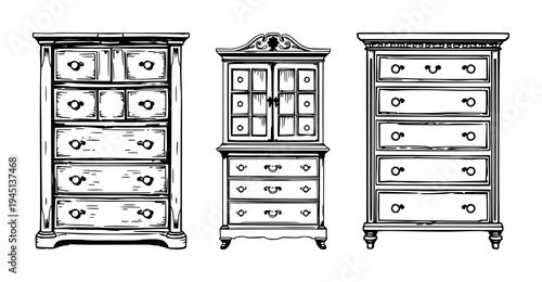 Apothecary cabinet set with detailed woodcut style illustration of a Victorian cabinet with multiple drawers featuring medicinal, glass, leather with white background and icon