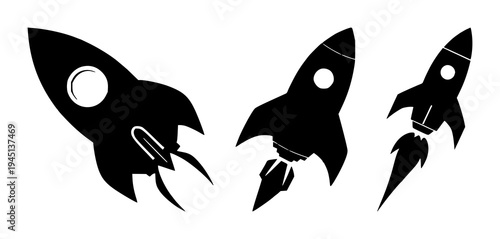 Rocket ship icon set with minimalist black silhouette featuring diagonal launch, circular porthole, engine blast lines with clean lines and flat graphic style