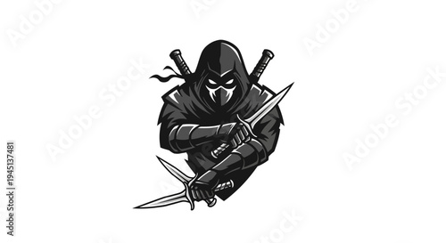 Stealthy Ninja Assassin Mascot Logo with Daggers and Swords - Graphic Warrior Illustration