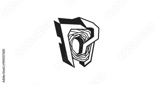 Abstract Geometric 3D Shape with Spiraling Tunnel Effect in Black and White Design