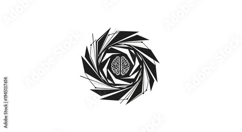 Abstract geometric brain icon in swirling digital vortex, symbolizing intelligence and technology