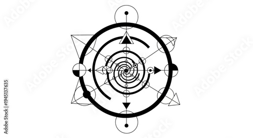 Abstract Geometric Spiral Symbol with Sacred Geometry Elements in Black and White